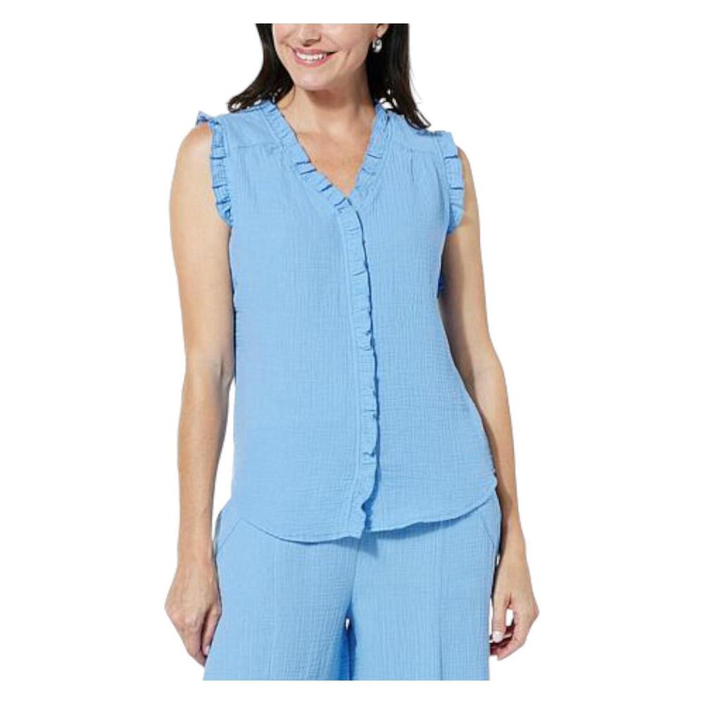 Lacey Chabert Sleeveless Ruffle Trim Crinkle Top Blue - Regular
